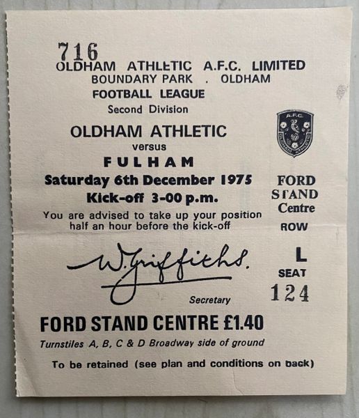 1975/76 ORIGINAL DIVISION TWO TICKET OLDHAM ATHLETIC V FULHAM