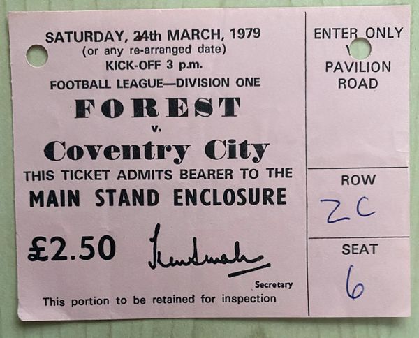 1978/79 original DIVISION ONE ticket NOTTINGHAM FOREST V COVENTRY CITY