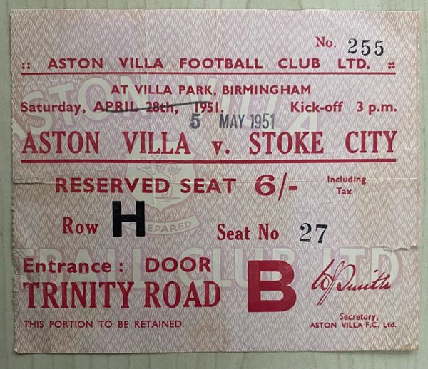 1950/51 ORIGINAL DIVISION ONE TICKET ASTON VILLA V STOKE CITY