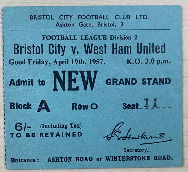 1956/57 ORIGINAL DIVISION TWO TICKET BRISTOL CITY V WEST HAM UNITED