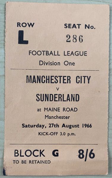 1966/67 ORIGINAL DIVISION ONE TICKET MANCHESTER CITY V SUNDERLAND