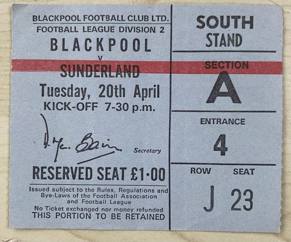 1975/76 ORIGINAL DIVISION TWO TICKET BLACKPOOL V SUNDERLAND