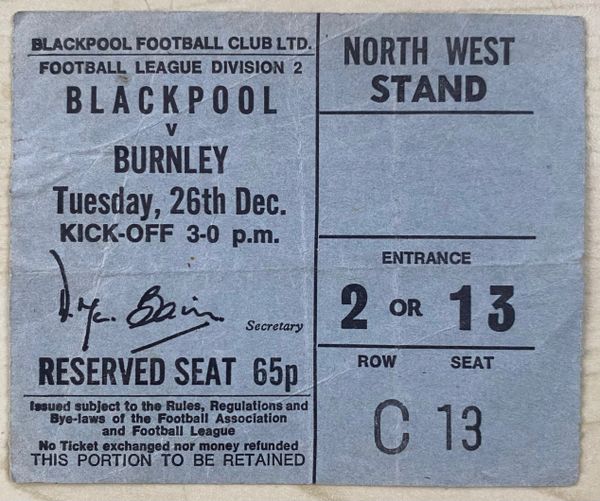 1972/73 ORIGINAL DIVISION TWO TICKET BLACKPOOL V BURNLEY