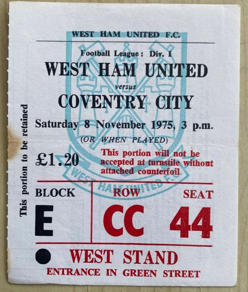 1975/76 ORIGINAL DIVISION ONE TICKET WEST HAM UNITED V COVENTRY CITY