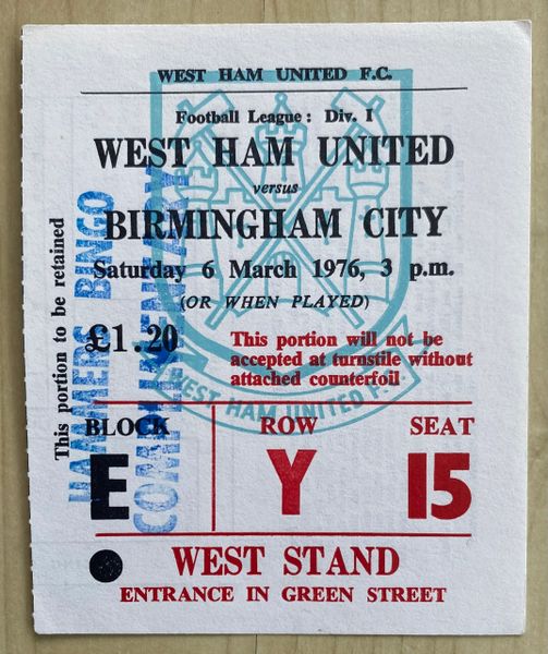 1975/76 ORIGINAL DIVISION ONE TICKET WEST HAM UNITED V BIRMINGHAM CITY