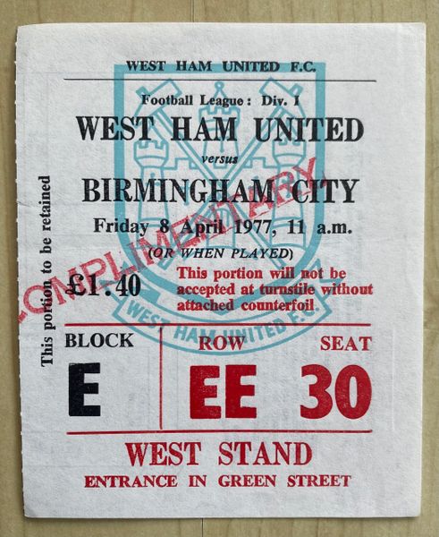 1976/77 ORIGINAL DIVISION ONE TICKET WEST HAM UNITED V BIRMINGHAM CITY