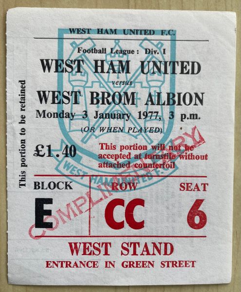 1976/77 ORIGINAL DIVISION ONE TICKET WEST HAM UNITED V WEST BROMWICH ALBION