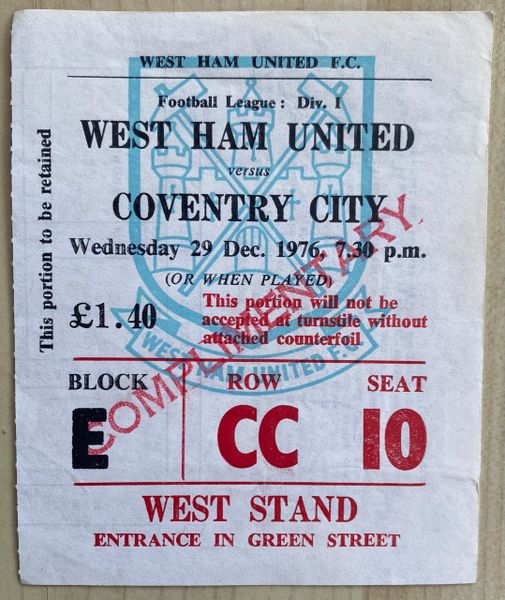 1976/77 ORIGINAL DIVISION ONE TICKET WEST HAM UNITED V COVENTRY CITY