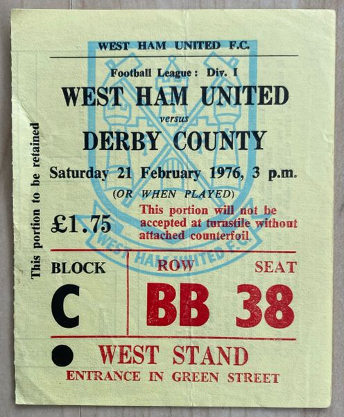 1975/76 ORIGINAL DIVISION ONE TICKET WEST HAM UNITED V DERBY COUNTY