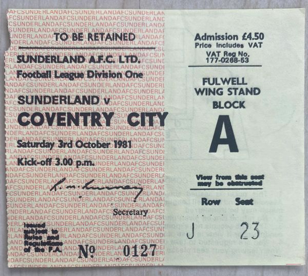 1981/82 ORIGINAL DIVISION ONE TICKET SUNDERLAND V COVENTRY CITY