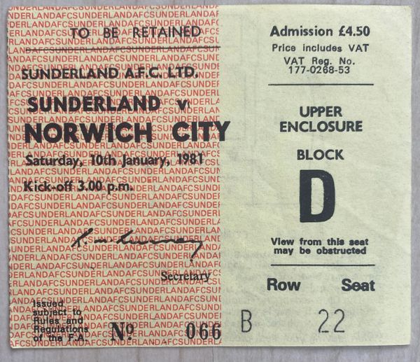 1980/81 ORIGINAL DIVISION ONE TICKET SUNDERLAND V NORWICH CITY