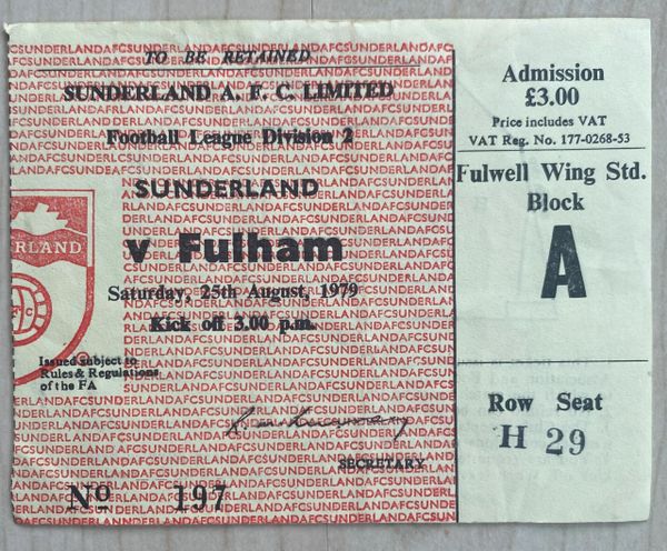 1979/80 ORIGINAL DIVISION TWO TICKET SUNDERLAND V FULHAM