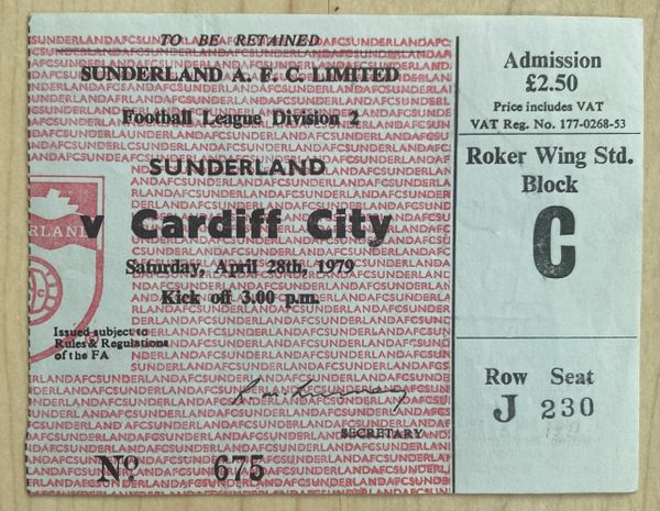 1978/79 ORIGINAL DIVISION TWO TICKET SUNDERLAND V CARDIFF CITY