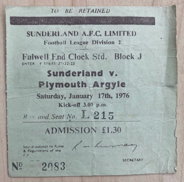 1975/76 ORIGINAL DIVISION TWO TICKET SUNDERLAND V PLYMOUTH ARGYLE