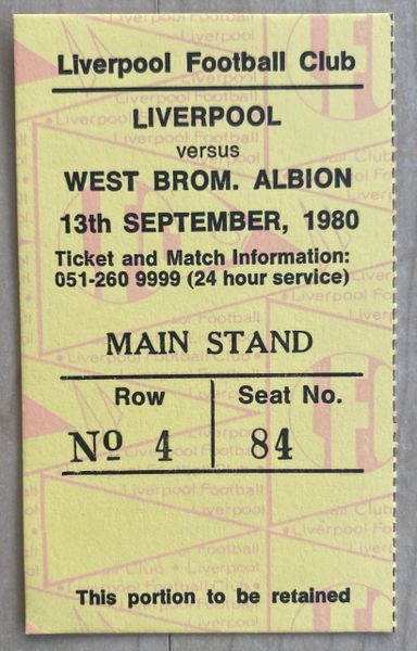1980/81 ORIGINAL DIVISION ONE TICKET LIVERPOOL V WEST BROMWICH ALBION
