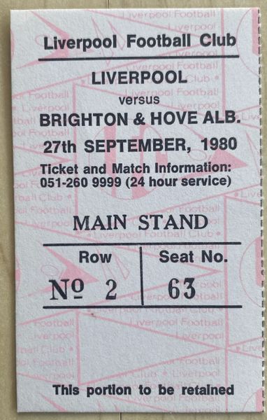 1980/81 ORIGINAL DIVISION ONE TICKET LIVERPOOL V BRIGHTON AND HOVE ALBION