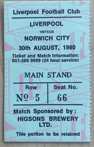 1980/81 ORIGINAL DIVISION ONE TICKET LIVERPOOL V NORWICH CITY