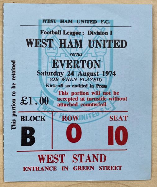 1974/75 ORIGINAL DIVISION ONE TICKET WEST HAM UNITED V EVERTON