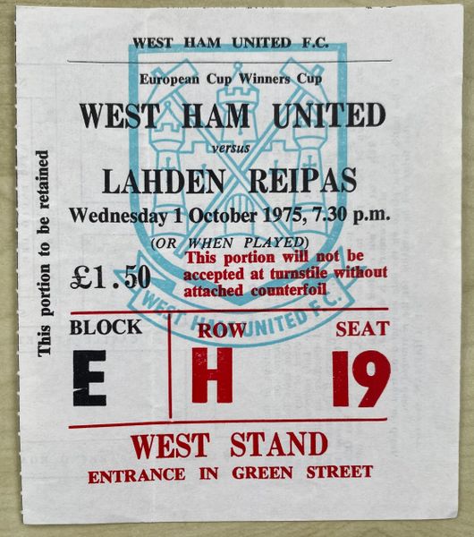 1974/75 ORIGINAL EUROPEAN CUP WINNERS CUP 1ST ROUND 2ND LEG TICKET WEST HAM UNITED V LAHDEN REIPAS