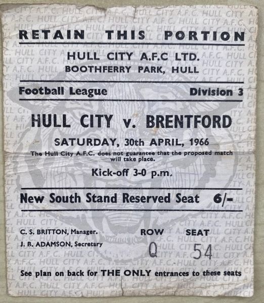 1965/66 ORIGINAL DIVISION THREE TICKET HULL CITY V BRENTFORD