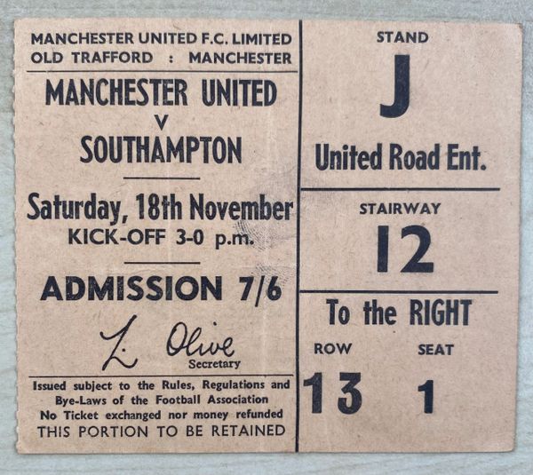 1967/68 ORIGINAL DIVISION ONE TICKET MANCHESTER UNITED V SOUTHAMPTON