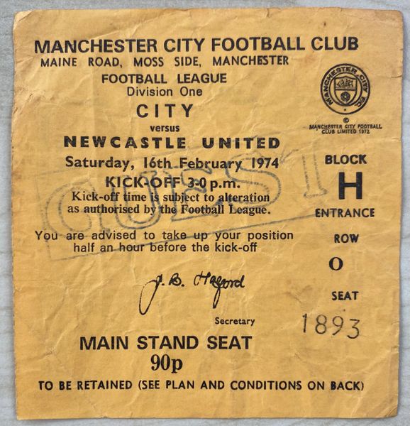 1973/74 ORIGINAL DIVISION ONE TICKET MANCHESTER CITY V NEWCASTLE UNITED