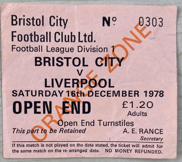 1978/79 ORIGINAL DIVISION ONE TICKET BRISTOL CITY V LIVERPOOL