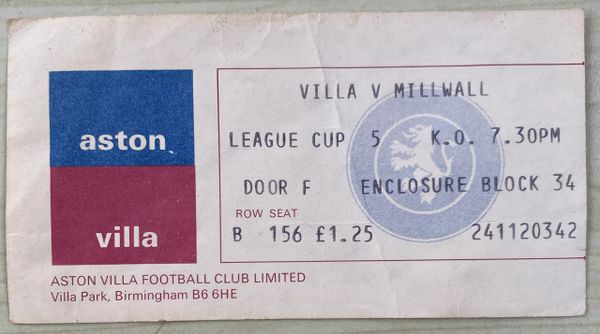 1976/77 ORIGINAL LEAGUE CUP 5TH ROUND TICKET ASTON VILLA V MILLWALL