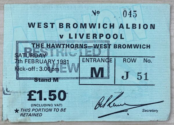 1980/81 ORIGINAL DIVISION ONE TICKET WEST BROMWICH ALBION V LIVERPOOL