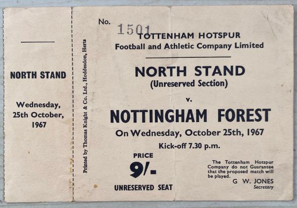 1967/68 ORIGINAL UNUSED DIVISION ONE TICKET TOTTENHAM HOTSPUR V NOTTINGHAM FOREST