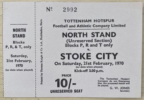 1969/70 ORIGINAL UNUSED DIVISION ONE TICKET TOTTENHAM HOTSPUR V STOKE CITY