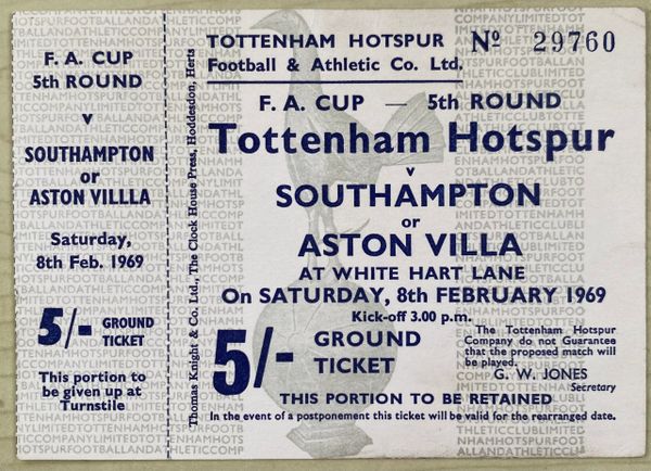 1968/69 ORIGINAL UNUSED 5TH ROUND TICKET TOTTENHAM HOTSPUR V ASTON VILLA