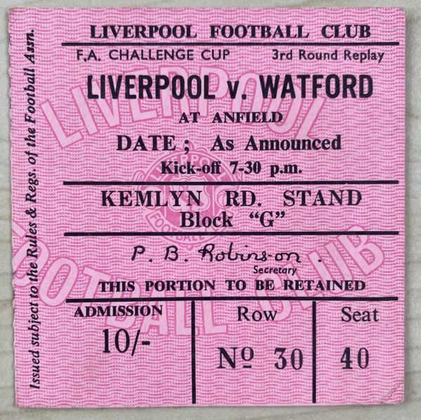 1966/67 ORIGINAL FA CUP 3RD ROUND REPLAY TICKET LIVERPOOL V WATFORD