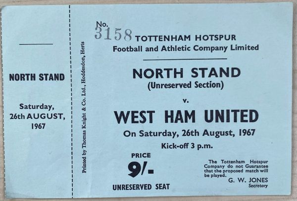 1967/68 ORIGINAL UNUSED DIVISION ONE TICKET TOTTENHAM HOTSPUR V WEST HAM UNITED