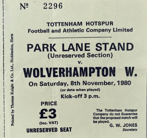 1980/81 ORIGINAL DIVISION ONE TICKET TOTTENHAM HOTSPUR V WOLVERHAMPTON