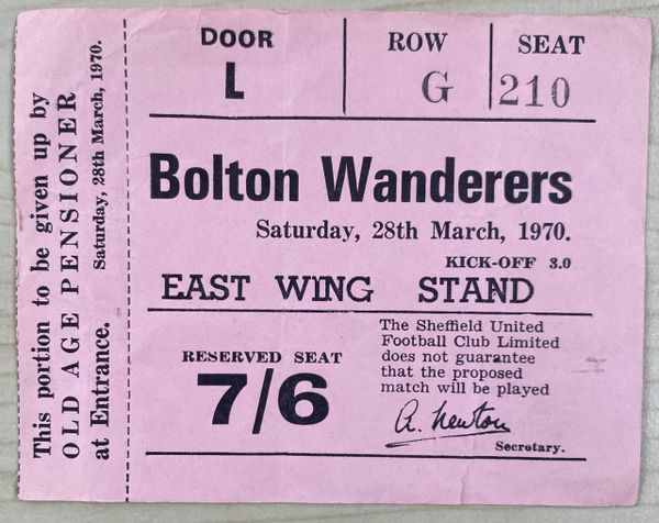 1969/70 ORIGINAL UNUSED DIVISION TWO TICKET SHEFFIELD UNITED V BOLTON WANDERERS