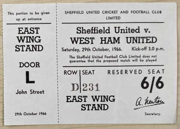 1966/67 ORIGINAL UNUSED DIVISION ONE TICKET SHEFFIELD UNITED V WEST HAM UNITED