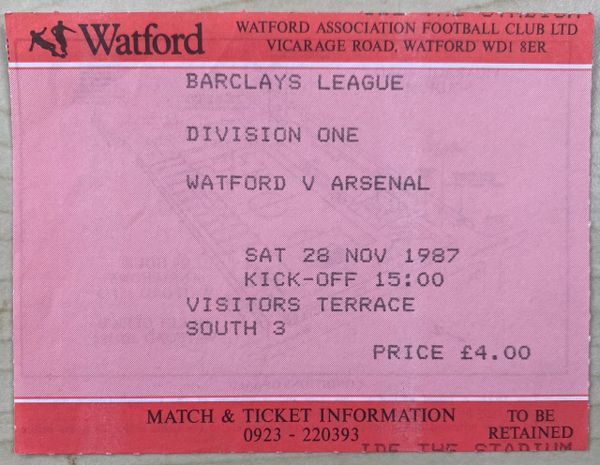 1987/88 ORIGINAL DIVISION ONE TICKET WATFORD V ARSENAL (VISITORS END)