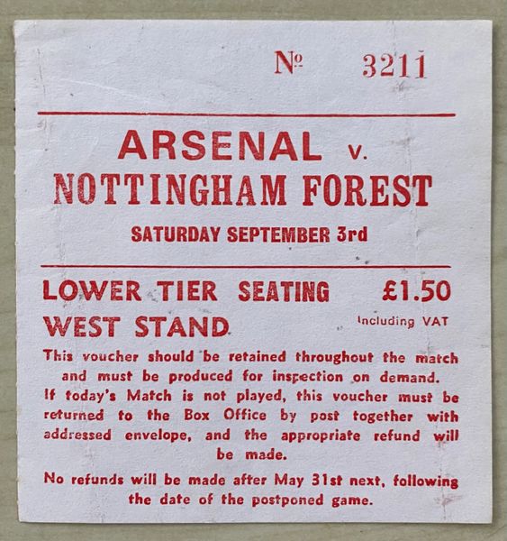 1977/78 ORIGINAL DIVISION ONE TICKET ARSENAL V NOTTINGHAM FOREST