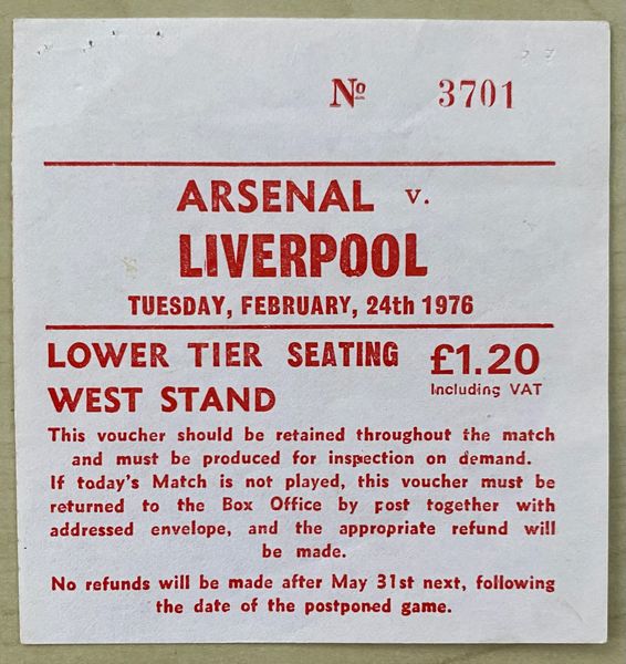 1975/76 ORIGINAL DIVISION ONE TICKET ARSENAL V LIVERPOOL