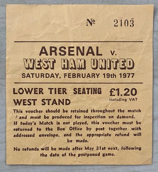 1976/77 ORIGINAL DIVISION ONE TICKET ARSENAL V WEST HAM UNITED