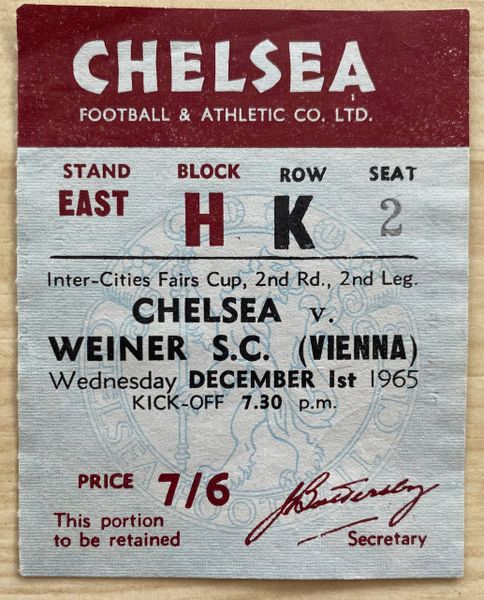 1965/66 ORIGINAL INTER-CITIES FAIRS CUP 2ND ROUND 2ND LEG TICKET CHELSEA V VIENNA SPORTING CLUB