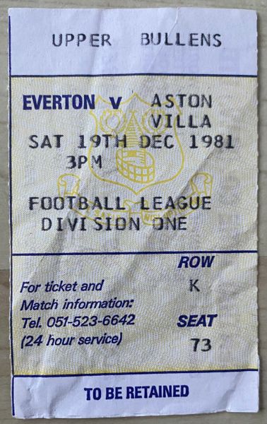 1981/82 ORIGINAL DIVISION ONE TICKET EVERTON V ASTON VILLA