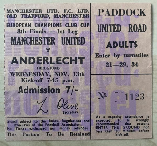 1968/69 ORIGINAL EUROPEAN CUP 2ND ROUND 1ST LEG TICKET MANCHESTER UNITED V ANDERLECHT URP 1123