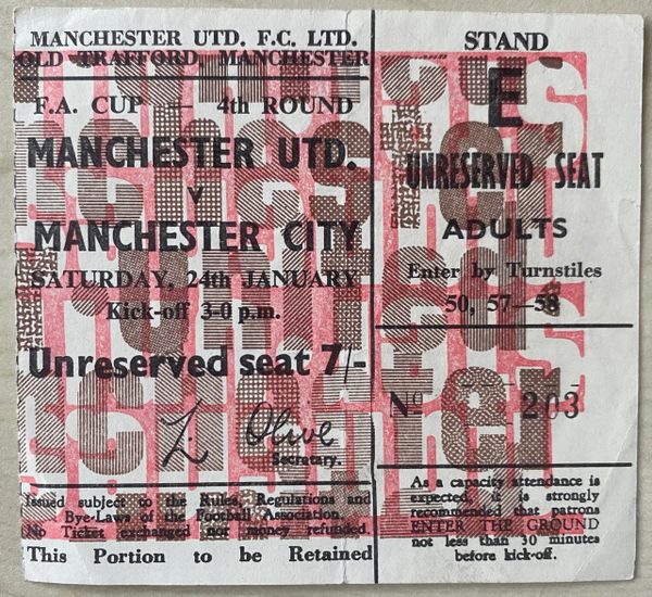 1969/70 ORIGINAL FA CUP ROUND 4 TICKET MANCHESTER UNITED V MANCHESTER CITY