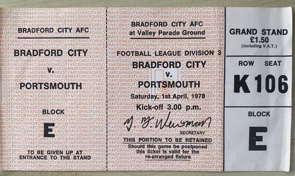 1977/78 ORIGINAL UNUSED DIVISION THREE TICKET BRADFORD CITY V PORTSMOUTH