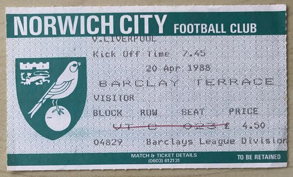 1987/88 ORIGINAL DIVISION ONE TICKET NORWICH CITY V LIVERPOOL (VISITORS END)