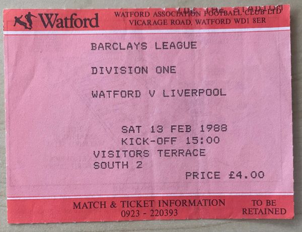 1987/88 ORIGINAL DIVISION ONE TICKET WATFORD V LIVERPOOL (VISITORS END)