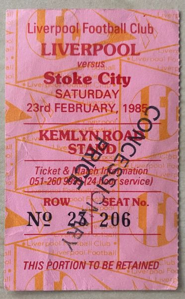 1984/85 ORIGINAL DIVISION ONE TICKET LIVERPOOL V STOKE CITY