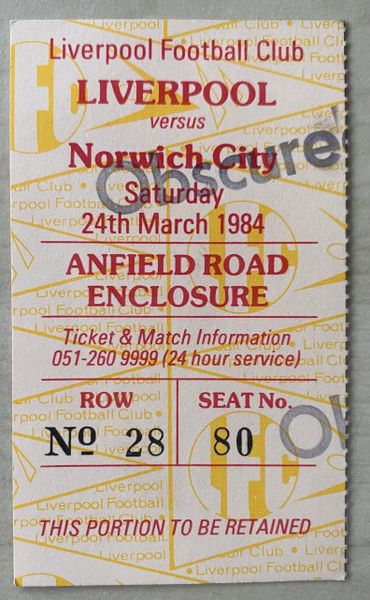 1983/84 ORIGINAL DIVISION ONE TICKET LIVERPOOL V NORWICH CITY